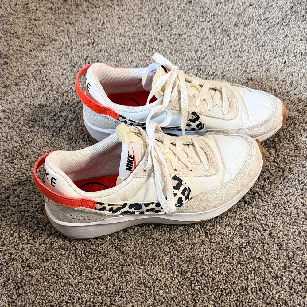 Nike Women's White and Orange Sneakers with Animal Print